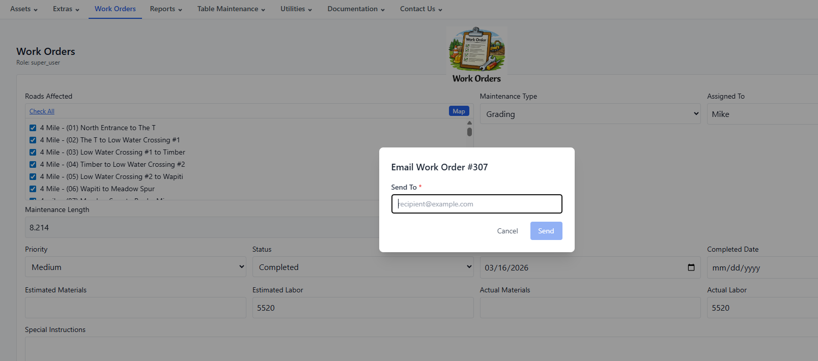 GROOM work order — email delivery with satellite maps and KML attachment sent to road maintenance crew